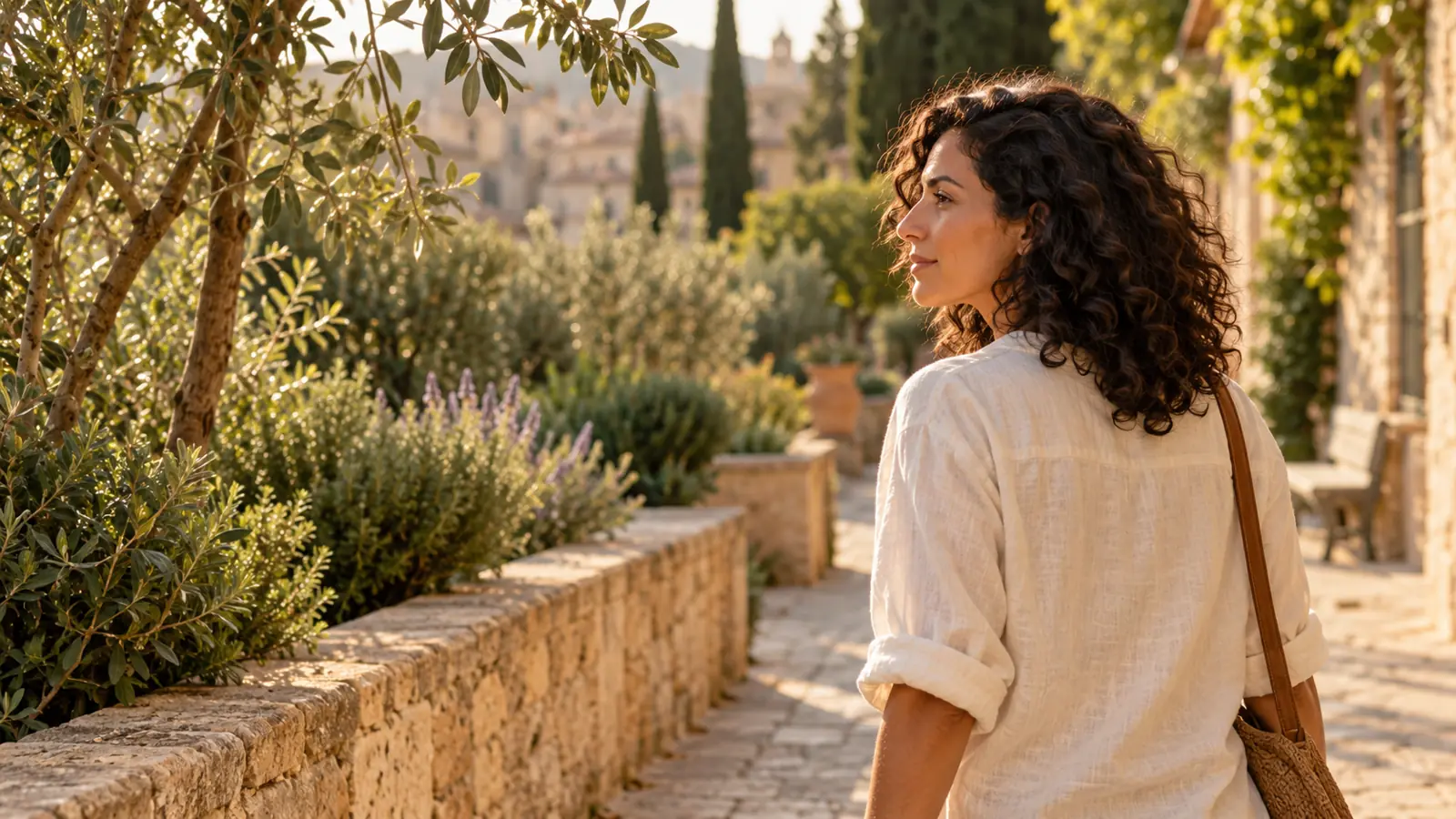 Illustration of a woman pausing alone on a sunlit garden path