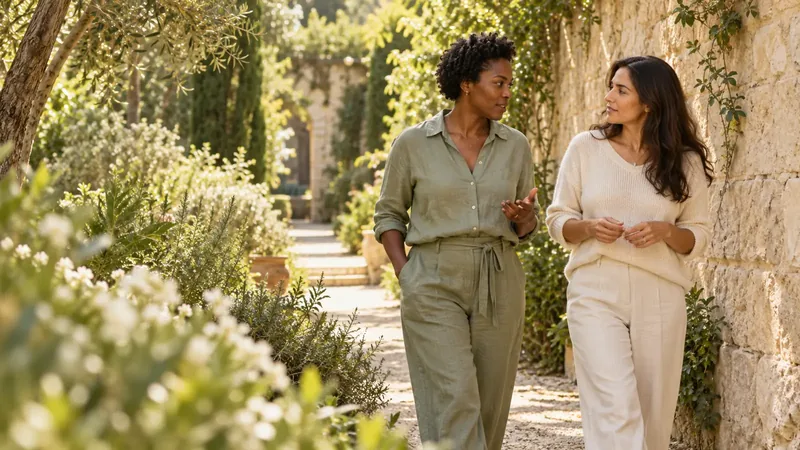 Illustration of two adult women talking together in a sunlit garden